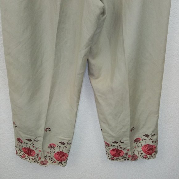 Larry Levine Tan Linen Blend Embroidered Pants 14 - Picture 10 of 11